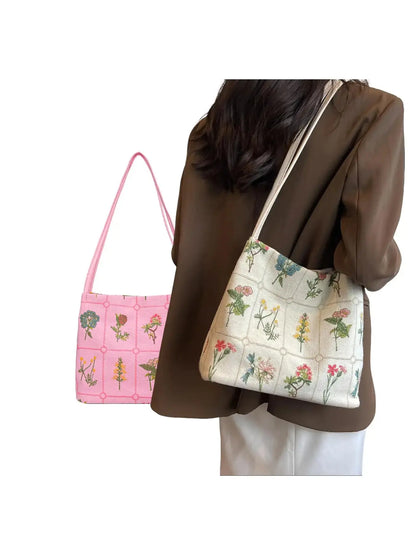 National Day Offers Random Floral Embroidered Canvas Shoulder Bag, Fashionable Large Capacity Tote Bag For Women, Trendy Women's Shopping Bag, Canvas Bags, Boho Bag, Handbag Shoulder Bag