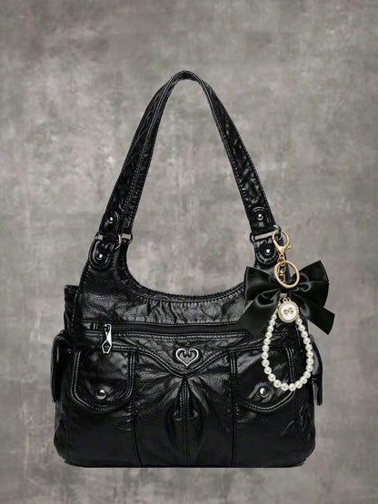 Women's Fashionable Heart-Decorated Plain Tote Bag, Casual Large-Capacity Shoulder Shopping Bag, Versatile Handbag Purse for Daily Use, Aesthetic Shoulder Handbag