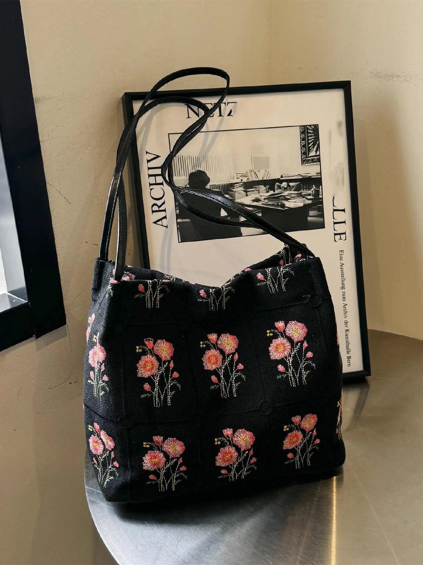 National Day Offers Random Floral Embroidered Canvas Shoulder Bag, Fashionable Large Capacity Tote Bag For Women, Trendy Women's Shopping Bag, Canvas Bags, Boho Bag, Handbag Shoulder Bag