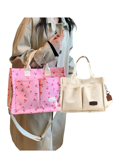 Summer Everything Tote Bag for Women, Plain/Cherry Pattern Work Bag, Everyday Shoulder Bag, Trendy Versatile Commuting Bag, Girl Large Beach Bags, Fabric Shoulder Bags