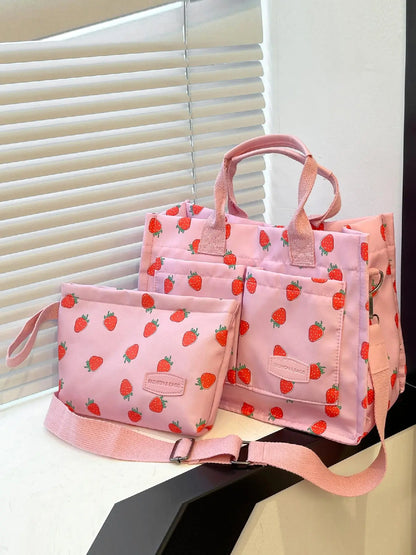 Women's Fashionable Solid Color/Fruit/Leopard Pattern Bag Set, 2 Counts Casual Versatile Tote Bag & Small Wristlet Bag for Women & Girls, Trendy Versatile Commuting Bag Set for Daily Use, Fabric Lining