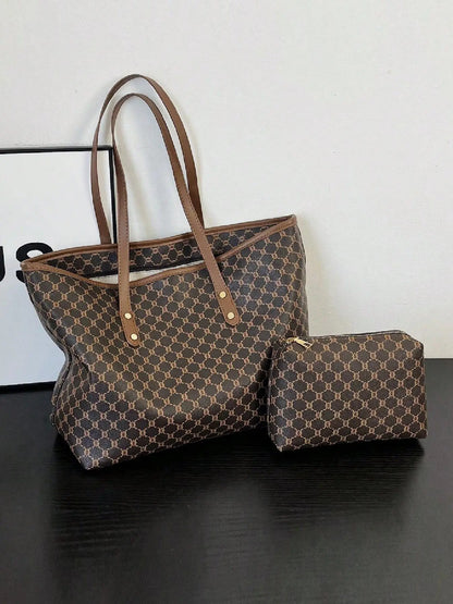 Women's Fashionable Geometric Pattern Tote Bag & Cosmetic Bag, Stylish Casual Versatile Zipper Shoulder Bag & Cosmetic Bag, Trendy Bag Set for Daily Use