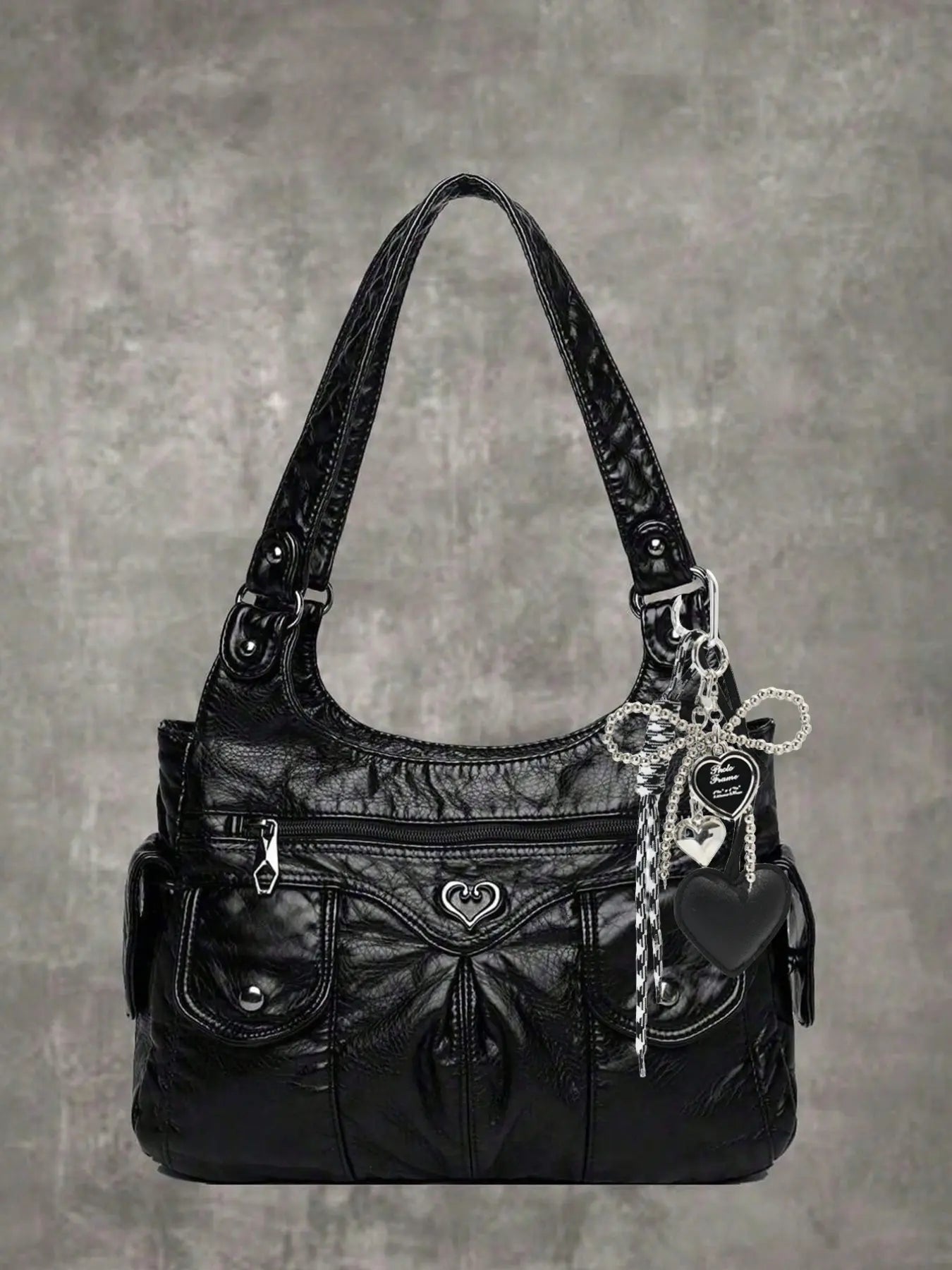 Women's Fashionable Heart-Decorated Plain Tote Bag, Casual Large-Capacity Shoulder Shopping Bag, Versatile Handbag Purse for Daily Use, Aesthetic Shoulder Handbag