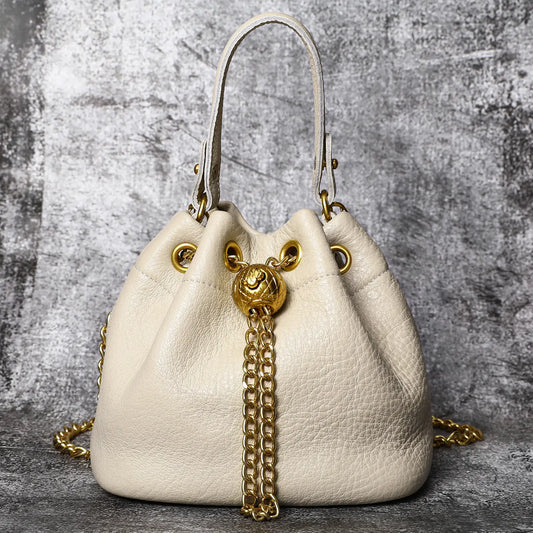Ladies' First-Layer Cowhide Bucket Bag - Genuine Leather Shoulder Bag for Women with Gold-Colored Hardware, Detachable Chain-Studded Shoulder Strap, Contemporary Unique Purses, Multifunctional Multi-Way Fashion Accessory