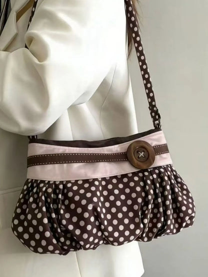 Retro Elegant Large Button Polka Dot Print Shoulder Bag, Fashionable Niche Texture Bag, Suitable for Daily Commuting, Shopping and Gatherings