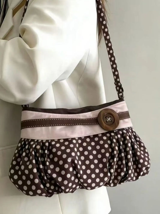 Retro Elegant Large Button Polka Dot Print Shoulder Bag, Fashionable Niche Texture Bag, Suitable for Daily Commuting, Shopping and Gatherings