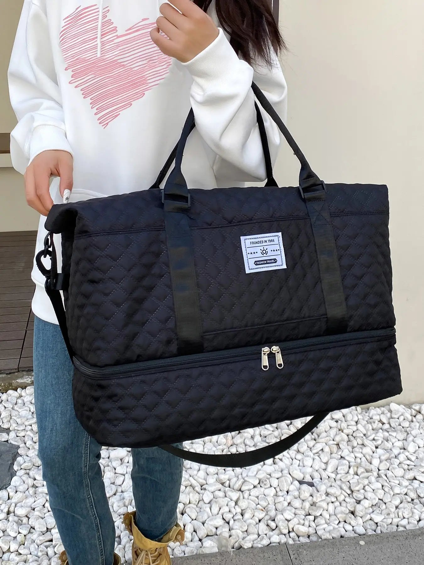 Letter Patched Design Large Capacity Durable Travel Bag, Lightweight Portable Folding Duffel Bag, Multi-function Dry & Wet Separation Bag for Travel, Traveling Bag, Multifunctional Travel Bag, Durable Duffels, Travel Duffle Bags