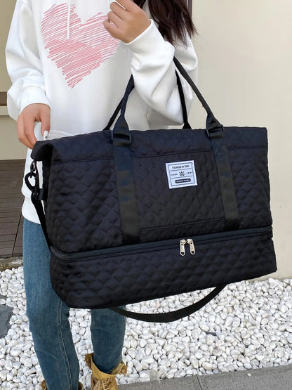 Letter Patched Design Large Capacity Durable Travel Bag, Lightweight Portable Folding Duffel Bag, Multi-function Dry & Wet Separation Bag for Travel, Traveling Bag, Multifunctional Travel Bag, Durable Duffels, Travel Duffle Bags