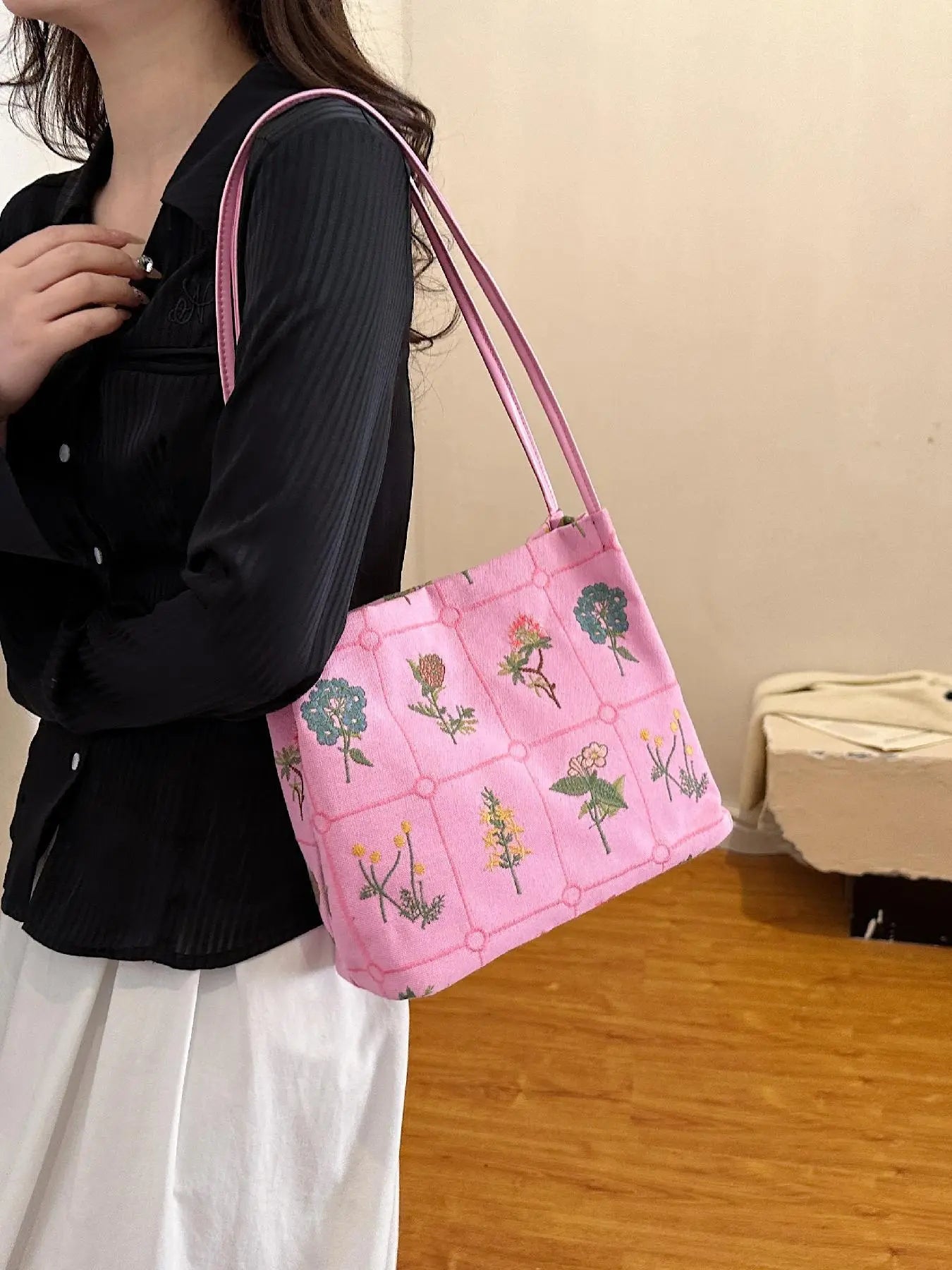 National Day Offers Random Floral Embroidered Canvas Shoulder Bag, Fashionable Large Capacity Tote Bag For Women, Trendy Women's Shopping Bag, Canvas Bags, Boho Bag, Handbag Shoulder Bag